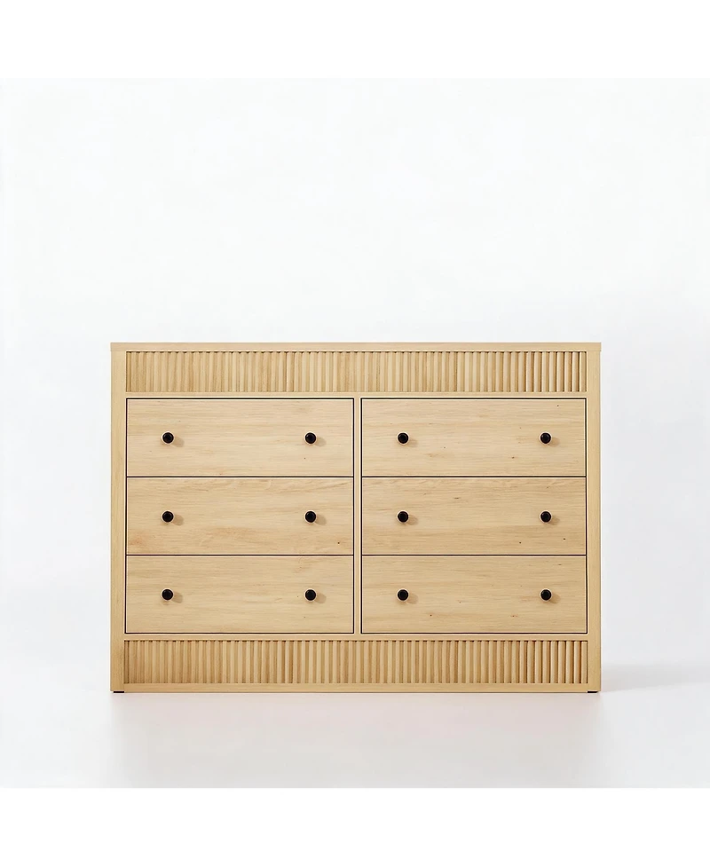 homfan Modern Fluted 6-Drawer Dresser Wide Oak Wood Storage Cabinet for Bedroom Living Room Entryway, Sleek Hallway Chest