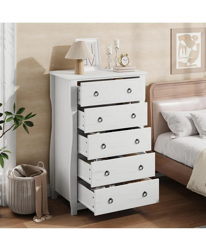 homfan 5-Drawer Dresser for Bedroom – Modern Wood Chest with Large Storage, 45 Inch Tall Organizer Cabinet with Metal Ring Handles for Closet