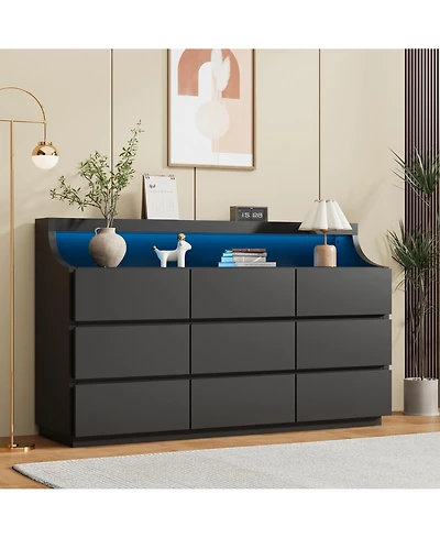 homfan 59" 9-Drawer Dresser – Led Lights and Large Storage Drawers, Modern Chest with Anti-Tipping for Bedroom or Living Room