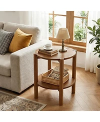 Tribesigns 2-Tier Solid Wood Round Side Table Set of 2, Farmhouse Rustic Nightstand, Small End Table