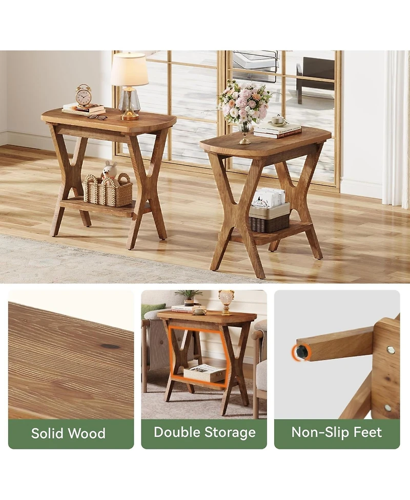 Tribesigns Solid Wood Side Table Set of 2, 2-Tier End Table with Storage, Farmhouse Nightstand for Small Spaces