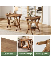 Tribesigns Solid Wood Side Table Set of 2, 2-Tier End Table with Storage, Farmhouse Nightstand for Small Spaces