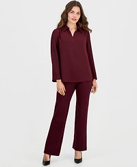 Anne Klein Essentials Petite V-Neck 3/4-Length Roll-Tab Sleeve Blouse