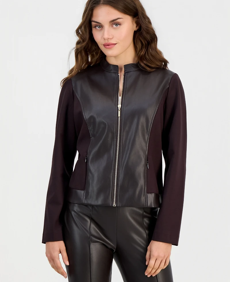Anne Klein Essentials Petite Mod Moto Zipper-Front Mandarin Collar Jacket