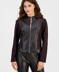 Anne Klein Essentials Petite Mod Moto Zipper-Front Mandarin Collar Jacket
