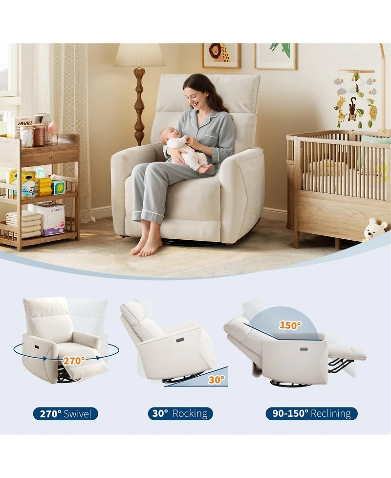 homfan Power Recliner Chair, Pu Leather Swivel Rocker with Usb Ports, Nursery Glider Reclining Sofa Ergonomic Lounge for Living Room