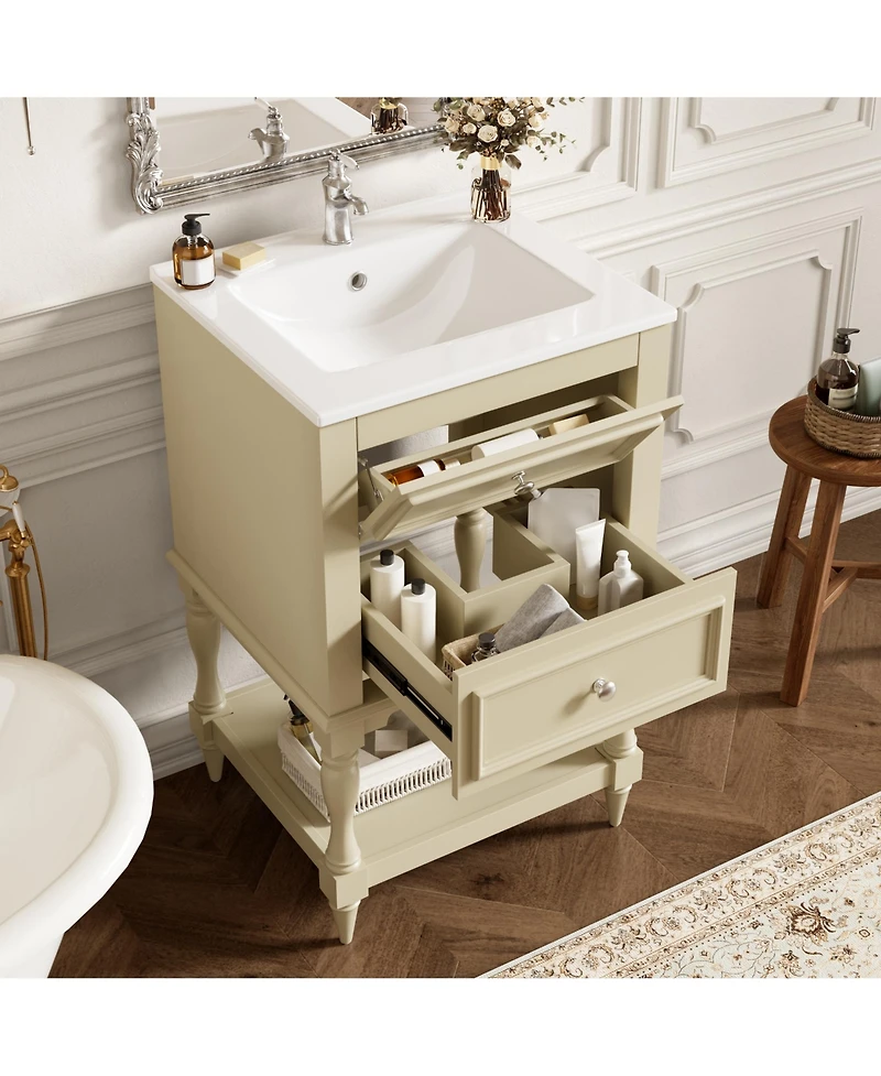 Busdays 20 Inch Ceramic Sink Bathroom Vanity Retro Design Storage Cabinet with Open Shelf and 2 Drawers