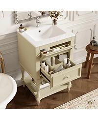 Busdays 20 Inch Ceramic Sink Bathroom Vanity Retro Design Storage Cabinet with Open Shelf and 2 Drawers
