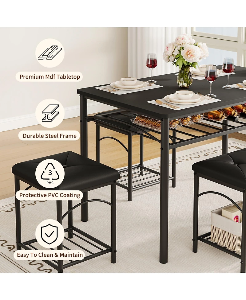homfan Modern 4-Person Dining Table Set, Space-Saving Kitchen with Upholstered Benches, Wood and Metal Set for Apartments, Studios