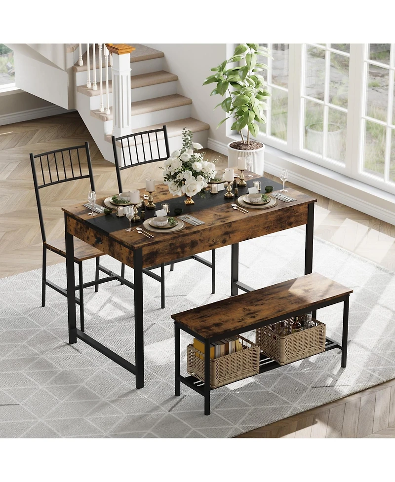 homfan Dining Table Set of 4, Wooden Kitchen with 2 Chairs, 1 Bench, Storage Drawers and Rack for Small Space Apartment