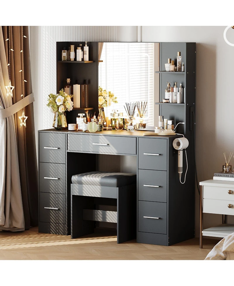 homfan Makeup Vanity Desk with Mirror and Lights, 7 Drawers, Hair Dryer Holder, Cushioned Stool, Power Outlets Usb, Bedroom Dressing Table