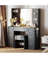 homfan Makeup Vanity Desk with Mirror and Lights, 7 Drawers, Hair Dryer Holder, Cushioned Stool, Power Outlets Usb, Bedroom Dressing Table