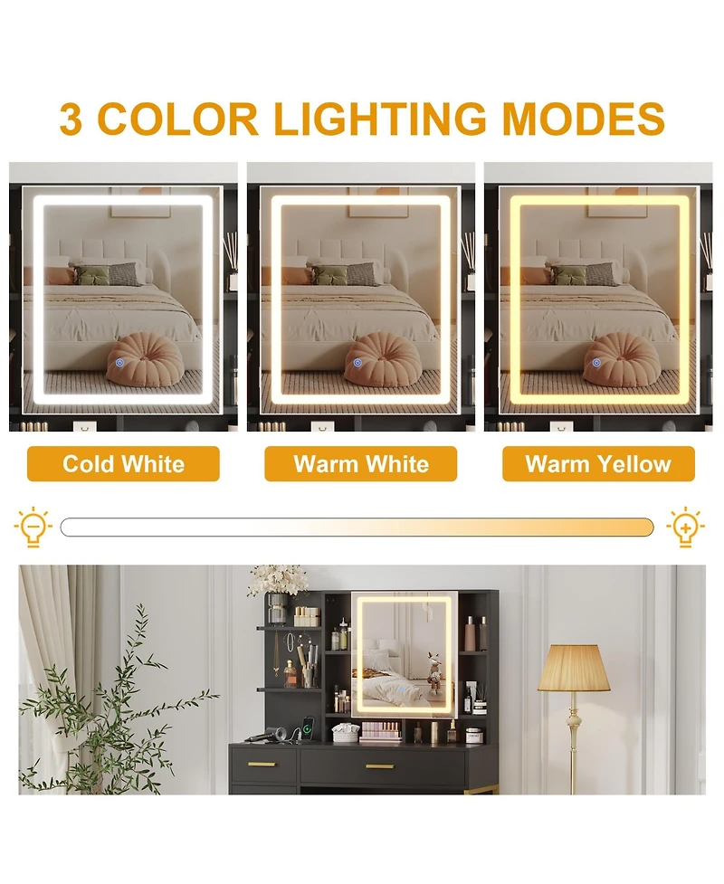 homfan Makeup Vanity with Led Lights, Modern Dressing Set with Cushioned Stool, 3 Lighting Modes 2 Drawers, Open Shelves, Cabinet and Charging Station