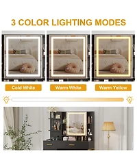 homfan Makeup Vanity with Led Lights, Modern Dressing Set with Cushioned Stool, 3 Lighting Modes 2 Drawers, Open Shelves, Cabinet and Charging Station