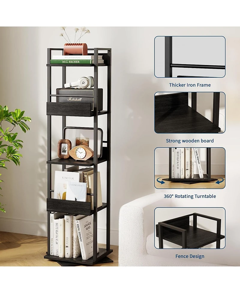 gaomon 5-Tier Rotating Corner Bookshelf Industrial Storage Wood for Small Space