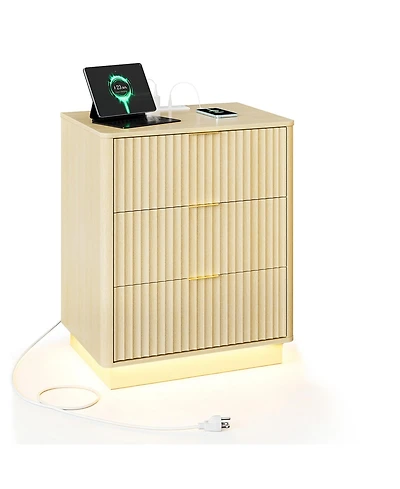 gaomon Fluted Nightstand with Charging Station, Wooden Nightstand with Led Light, Modern Mid Century Bedside End Table with 3 Drawers