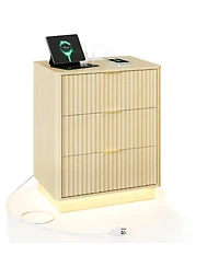 gaomon Fluted Nightstand with Charging Station, Wooden Nightstand with Led Light, Modern Mid Century Bedside End Table with 3 Drawers