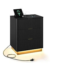 gaomon Fluted Nightstand with Charging Station, Wooden Led Light, Modern Mid Century Bedside End Table 3 Drawers