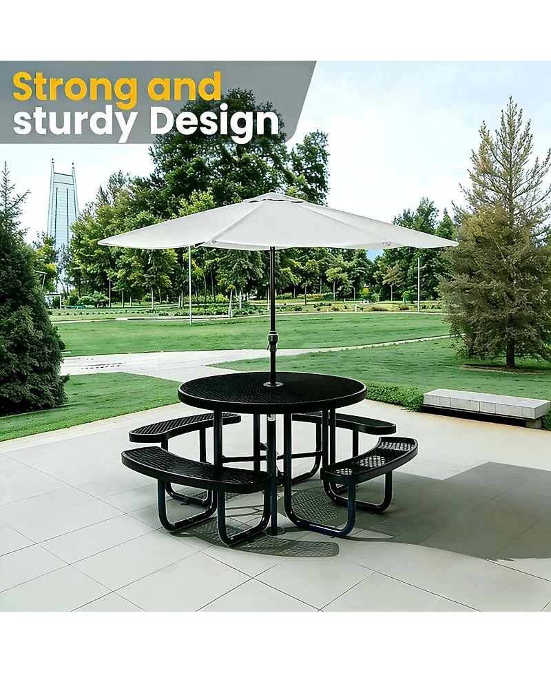 homfan Heavy Duty Metal Picnic Tables with Umbrella Hole, 46" Round Top Table Coated Steel Commercial Grade Furniture Set Weather and Rust Resistant