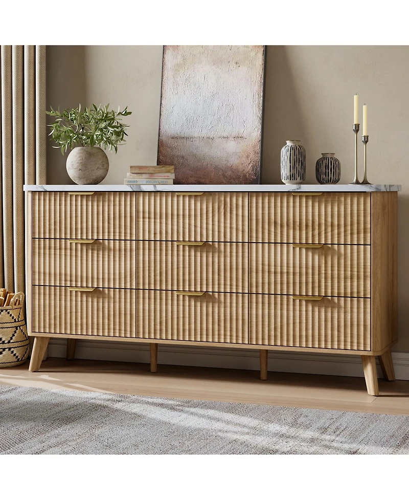 gaomon 60.6" Fluted 9-Drawer Dresser with Faux Marble Top, Modern Curved Chest, Warm Wood Finish