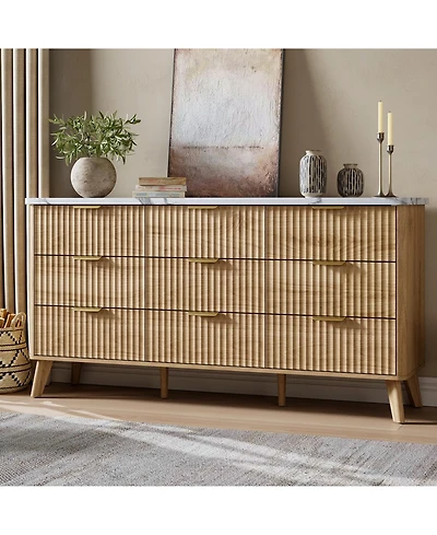 gaomon 60.6" Fluted 9-Drawer Dresser with Faux Marble Top, Modern Curved Chest, Warm Wood Finish