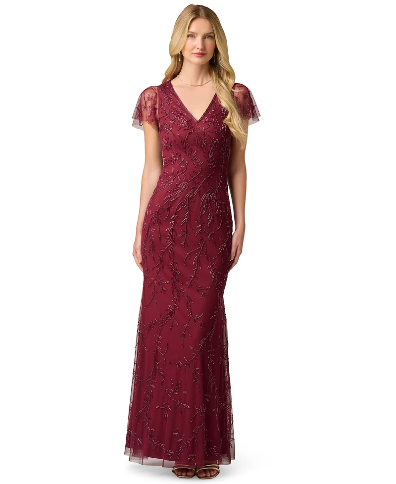 Adrianna Papell Women's V-Neck Bead Mesh Dress