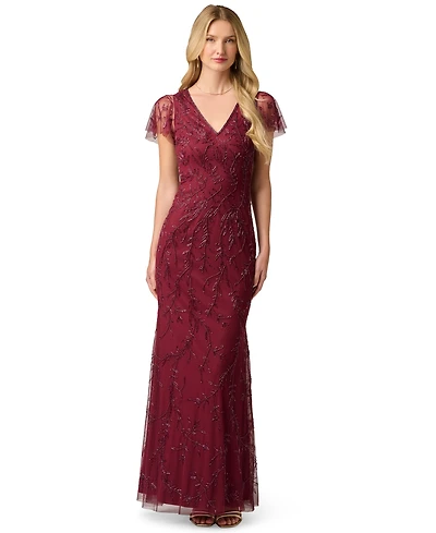 Adrianna Papell Women's V-Neck Bead Mesh Dress