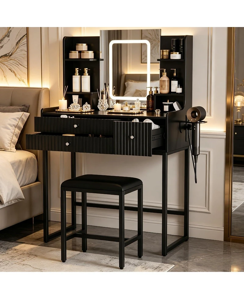 gaomon Wood Makeup Vanity Table with Lighted Mirror and Stool Set, Small Dressing Desk 3 Drawers 4 Storage Shelves, Modern Bedroom Set