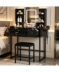 gaomon Wood Makeup Vanity Table with Lighted Mirror and Stool Set, Small Dressing Desk 3 Drawers 4 Storage Shelves, Modern Bedroom Set