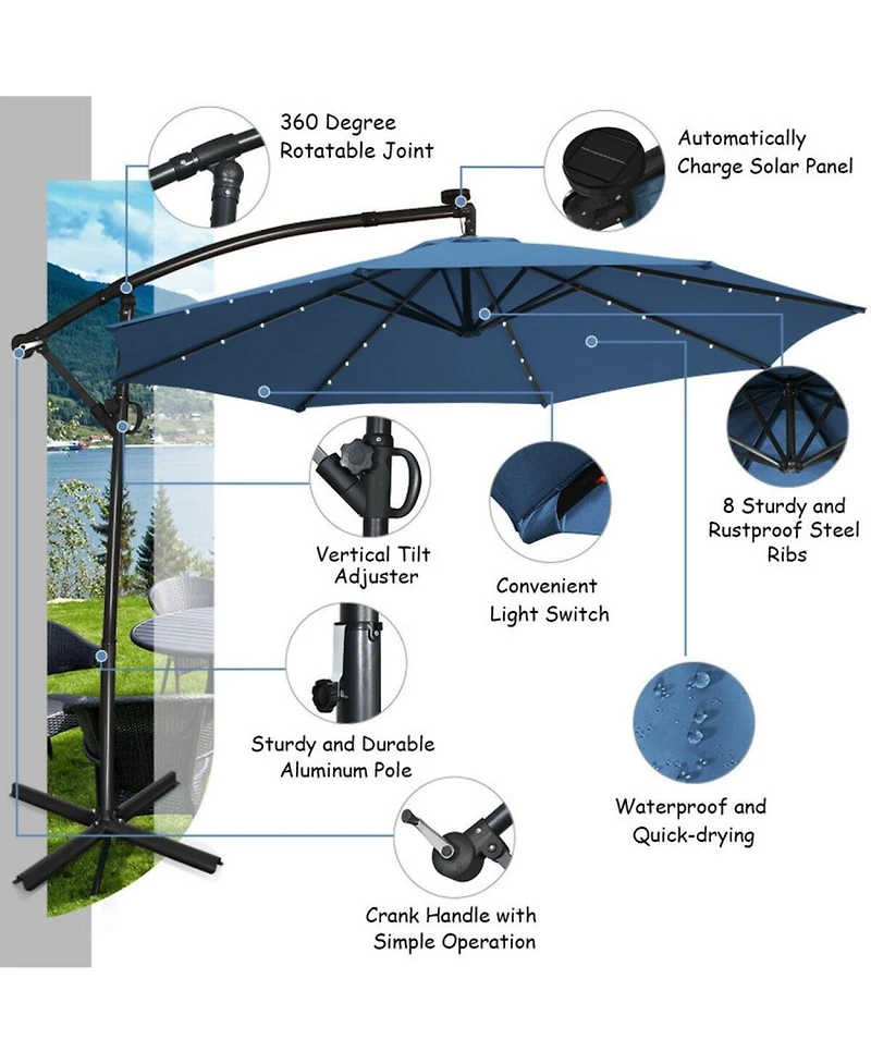 Sugift 10 feet 360degree(s) Rotation Solar Powered Led Patio Offset Umbrella