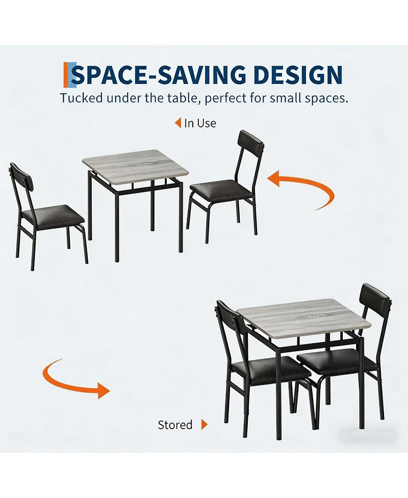homfan 3 Piece Dining Table Set, Kitchen Table Set for 2 with Pu Upholstered Chair, Metal Frame for Small Space, Dining Room, Apartment, Studio
