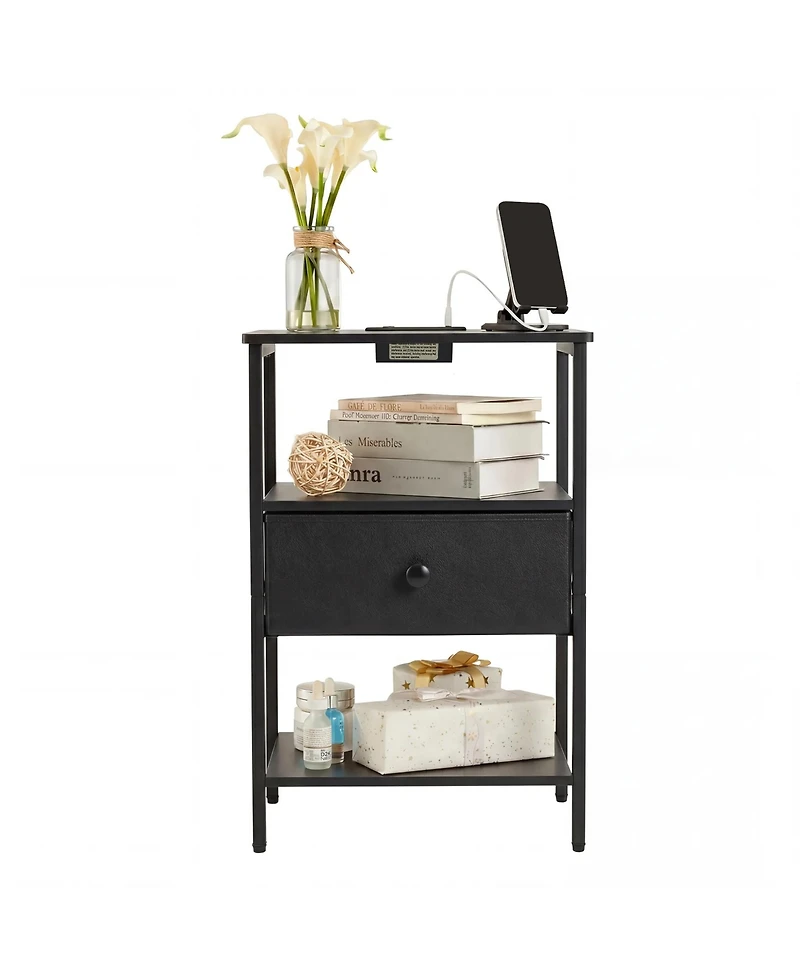 gaomon Nightstand with Charging Station, 3-Tier Open Storage Side Table Fabric Drawer, Sturdy Metal Frame End