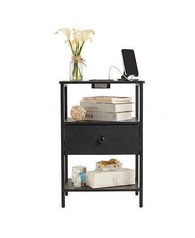 gaomon Nightstand with Charging Station, 3-Tier Open Storage Side Table Fabric Drawer, Sturdy Metal Frame End