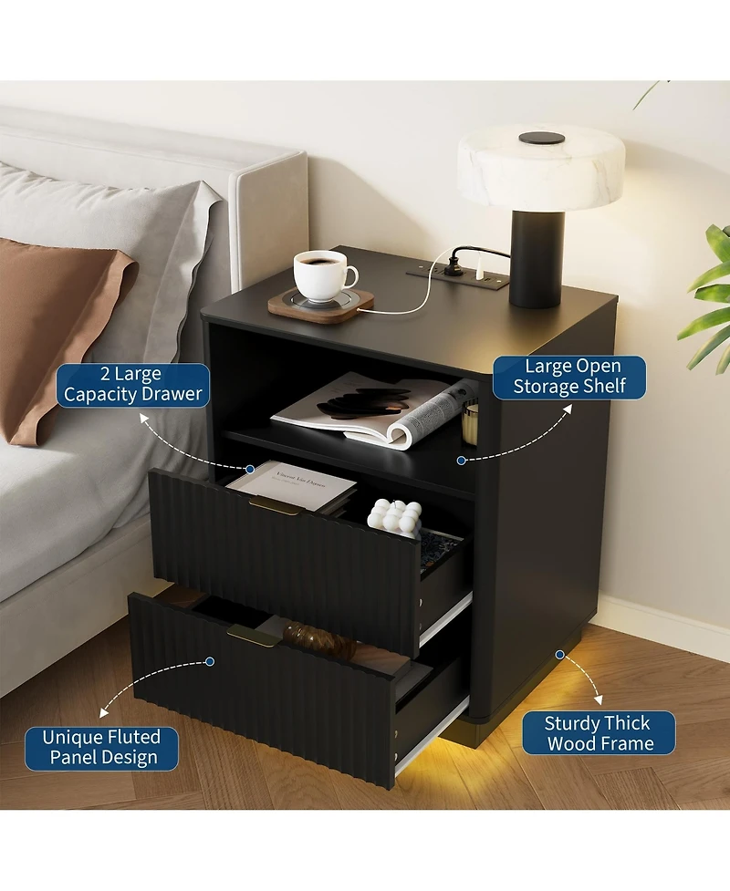 gaomon Fluted Nightstand with Charging Station, Wooden Night Stand Led Light