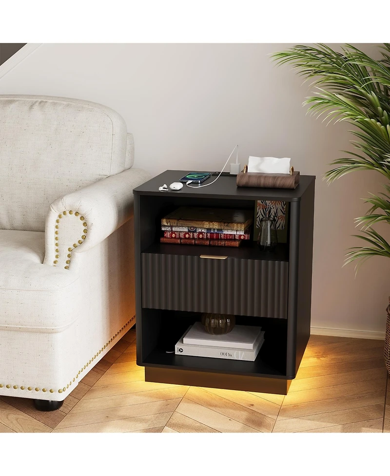 gaomon Fluted Nightstand with Charging Station, Wooden Night Stand with Led Light