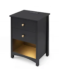 gaomon Mid-Century Modern Nightstand with Led Light Strip and Charging Station, 2 Drawers and Open Shelf