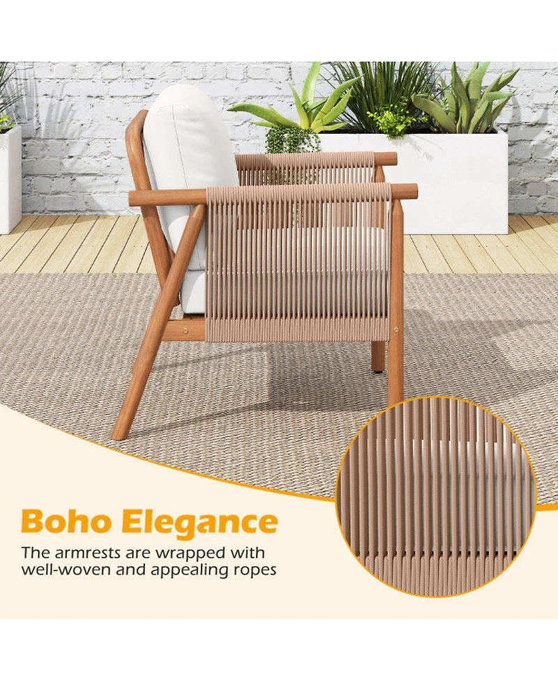 Sugift Set of 2 Acacia Wood Patio Chairs with Woven Rope Armrests and Seat Back Cushions