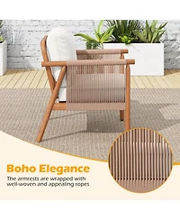 Sugift Set of 2 Acacia Wood Patio Chairs with Woven Rope Armrests and Seat Back Cushions