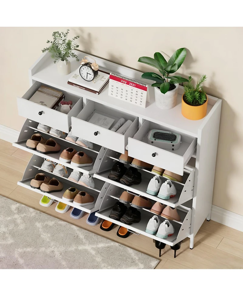 Streamdale Furniture 4-Flip and 3-Drawer Metal Shoe Cabinet, Slim Freestanding Steel Organizer