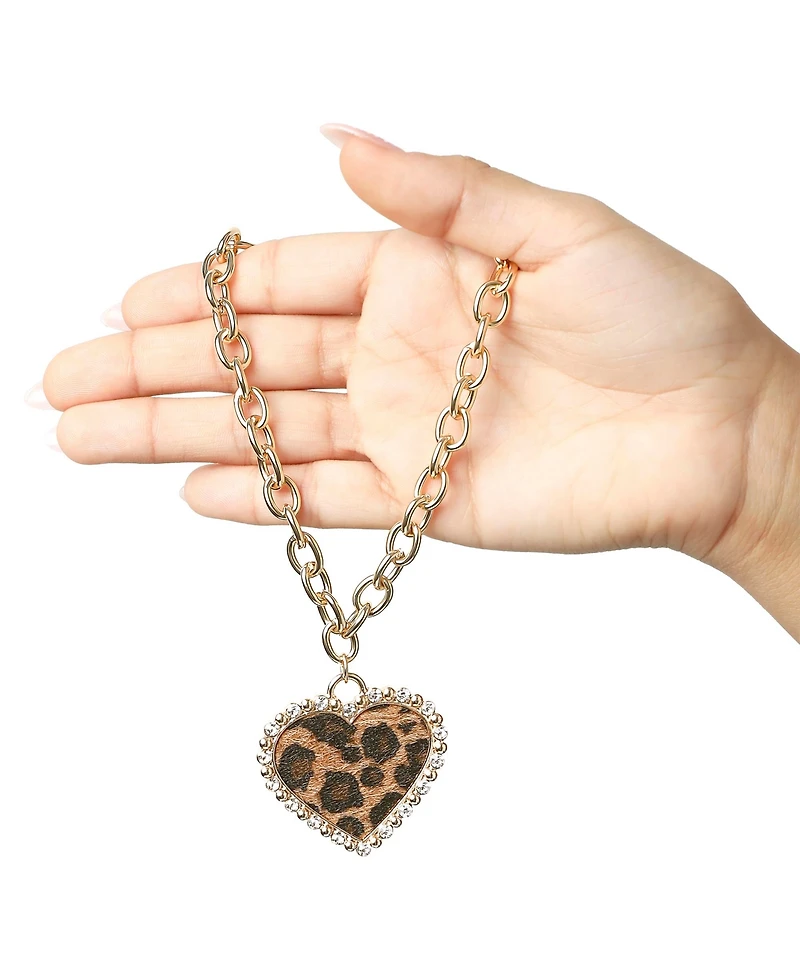 Jessica Simpson Chunky Heart Necklace for Women with Cheetah Print and Pave Crystals, 18"+2" Heart Pendant Necklace