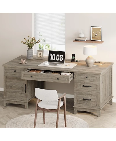 gaomon Farmhouse Executive Wood Desk 60" Writing Table with Drawers, Adjustable File Cabinet and Power Outlets Distressed Study Desk for Home Office