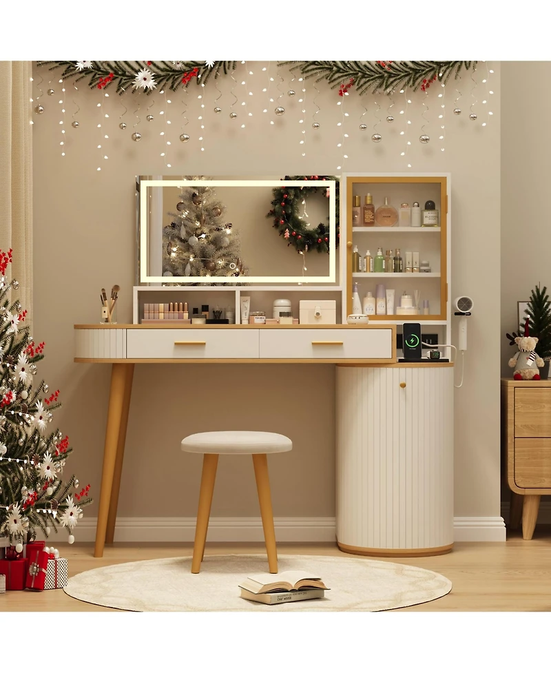 gaomon Vanity Desk with Light Mirror, 47.2 Inch Vanity Table with Stool and Charging Station, Makeup Table with Drawer and Cabinet for Bedroom