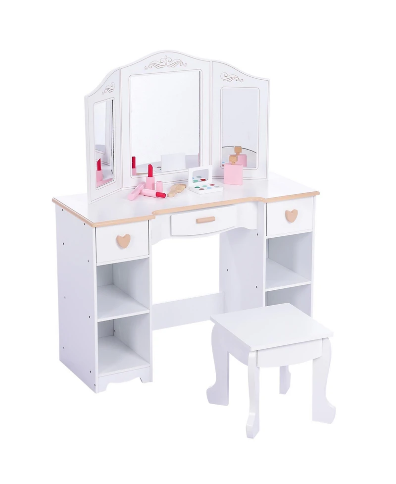 homfan Dressing Table and Stool Set,Pretend Play Girls Vanity Desk with Tri-Folding Mirror,3 Drawers,4 Storage Shelves and Accessories