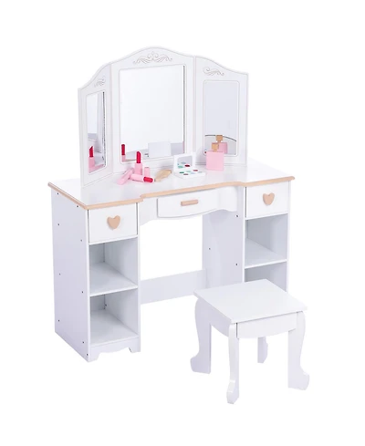 homfan Dressing Table and Stool Set,Pretend Play Girls Vanity Desk with Tri-Folding Mirror,3 Drawers,4 Storage Shelves and Accessories
