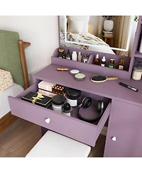 Streamdale Furniture Purple Vanity Desk Set with Led Mirror and Padded Stool