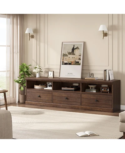gaomon 70inch Tv Stand for TVs up to 80", Mid Century Modern Entertainment Center with Storage Drawer and Open Shelves