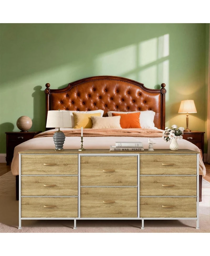 gaomon 8 Drawer Fabric Dresser Tv Stand with Wooden Top, Metal Frame Storage Chest, Wide Closet Organizer for Bedroom, Living Room, Hallway