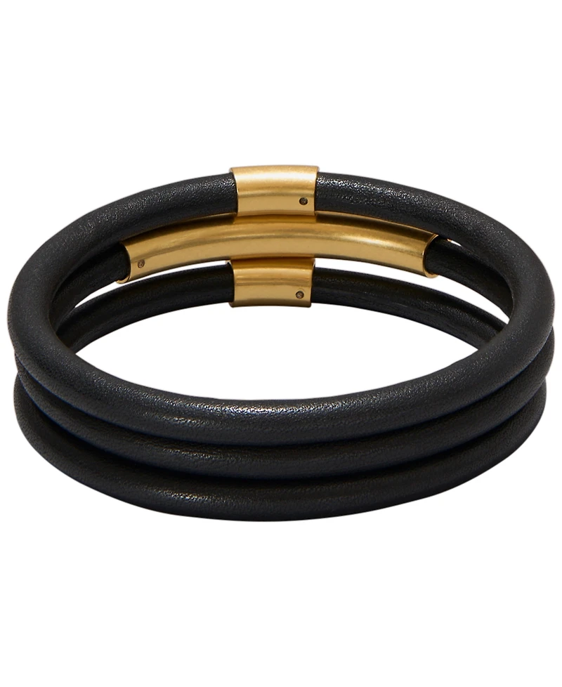 Donna Karan New York 3-Piece Black Leather Gold-Tone Bangle Set