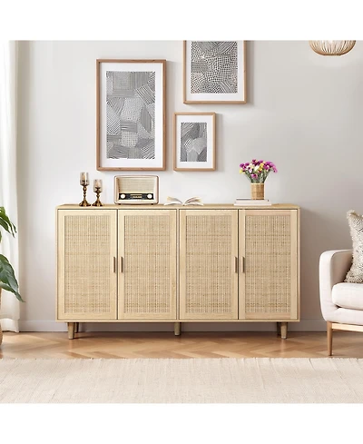 flynama 62.2 Inch Natural Rattan Four-Door Storage Cabinet Particle Board Solid Wood Leg Adjustable Shelf Household Sideboard Cabinet