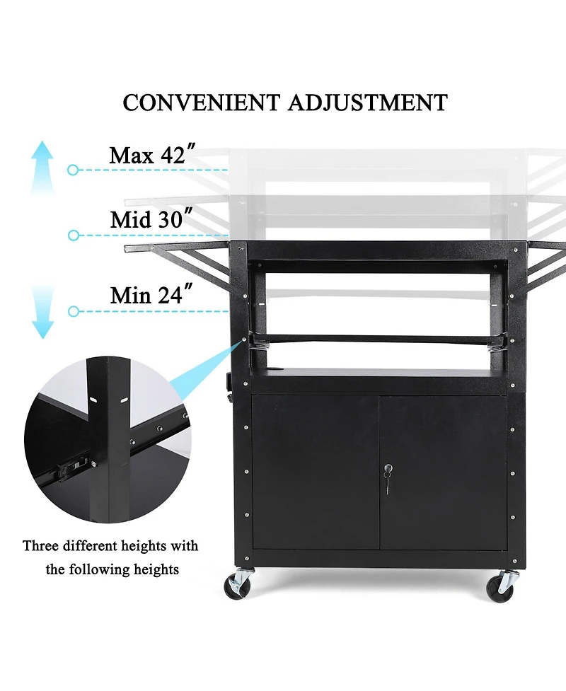 homfan Adjustable Rolling Av Cart with Locking Cabinet,Multipurpose Steel Construction,Pullout Keyboard Tray,Power Strip,Extra Storage Space